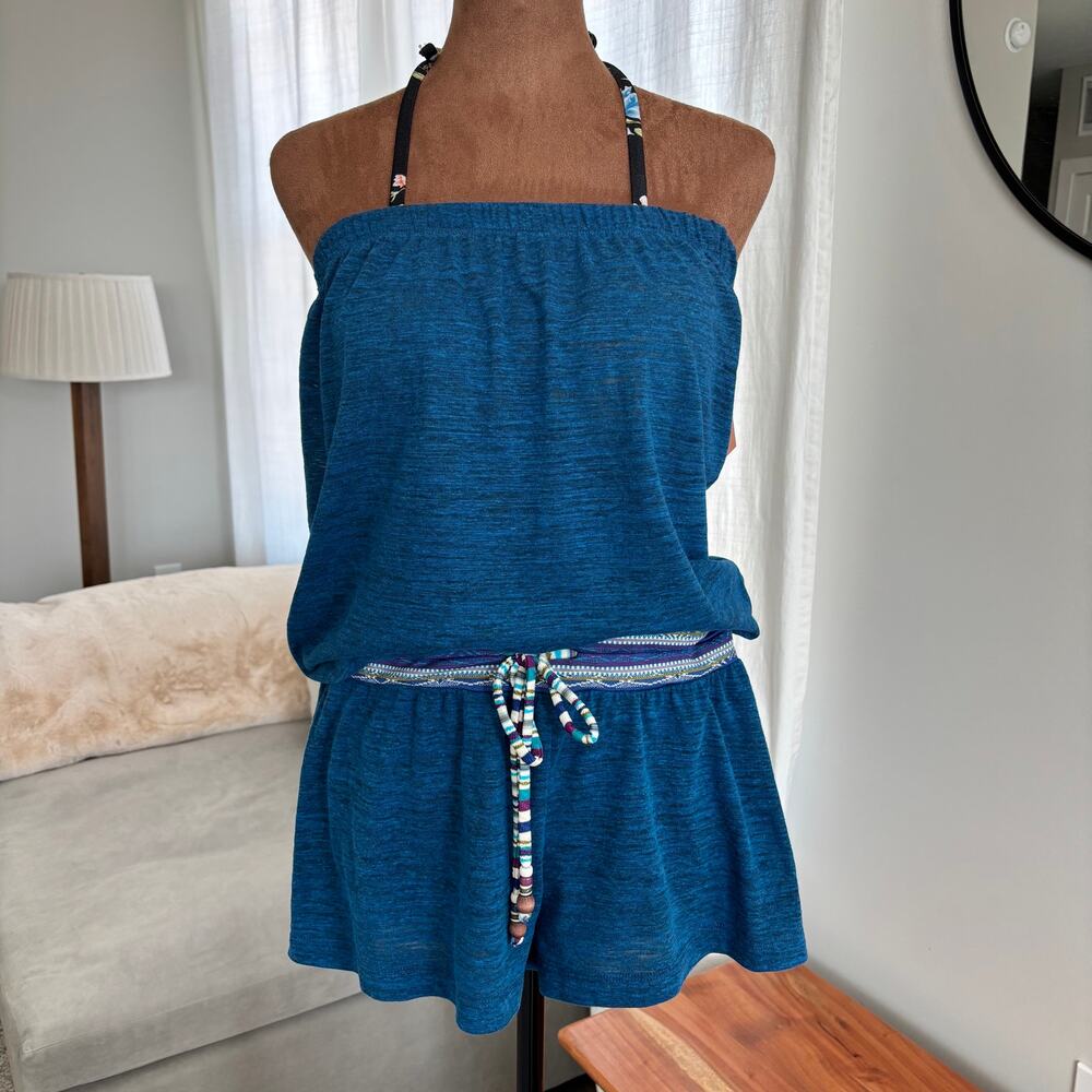2000s Lucky Brand Bathing Suits Swim Romper Cover Up Strapless Blue Boho XS / S